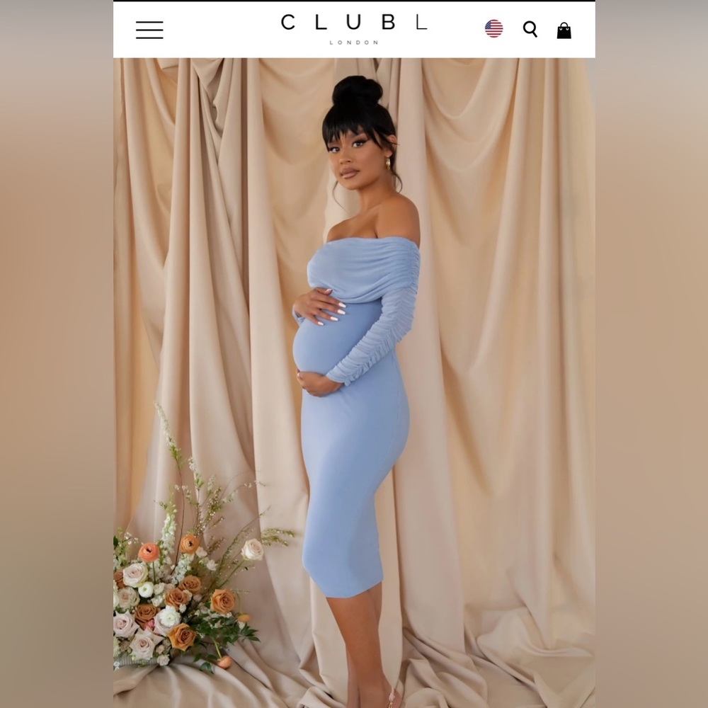 Club L London PATIENTLY WAITING
POWDER BLUE MATERNITY MESH BARDOT MIDI DRESS